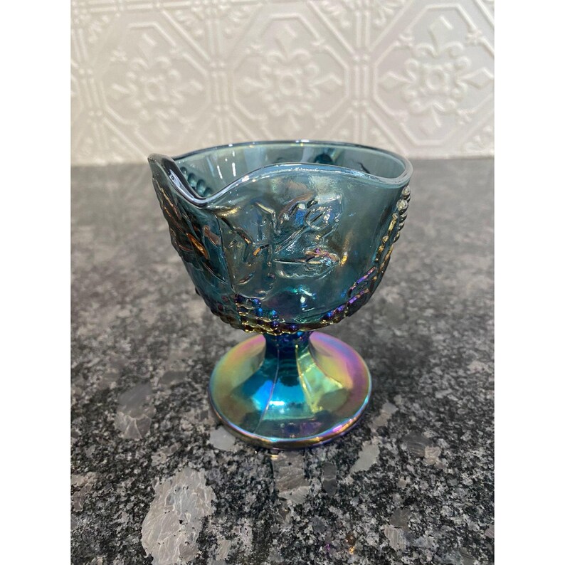 Peacock Blue Glass Carnival Creamer Pitcher Grape Embossed Indiana Glass Footed Vintage Collectible Creamer