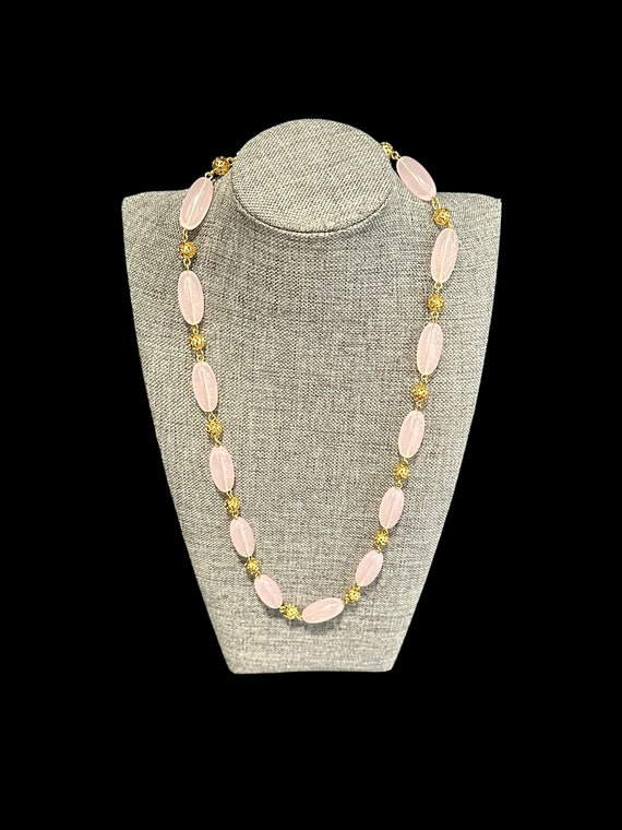 Trifari Pink Lucite & Gold Filigree Bead Necklace 