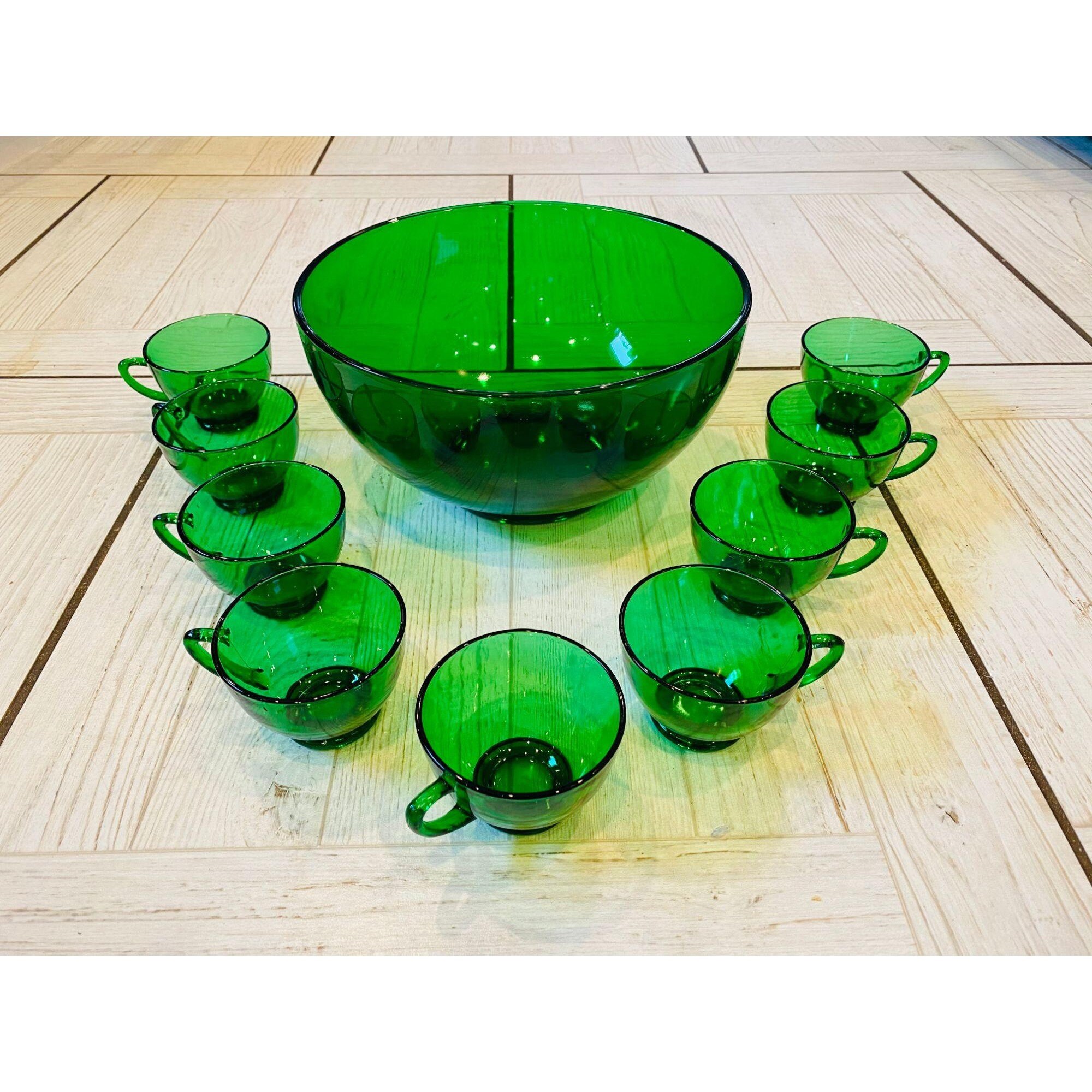Anchor Hocking Forest Green Glass Punch Bowl & 9 Footed Teacup Etsy
