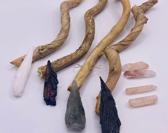 DIY Altar Crystal Besom - Witches Broomstick - Twisted Vine & Kyanite Fans/ Selenite/ Prasiolite/ Hematoid Quartz Points / Spiral Vine Twigs
