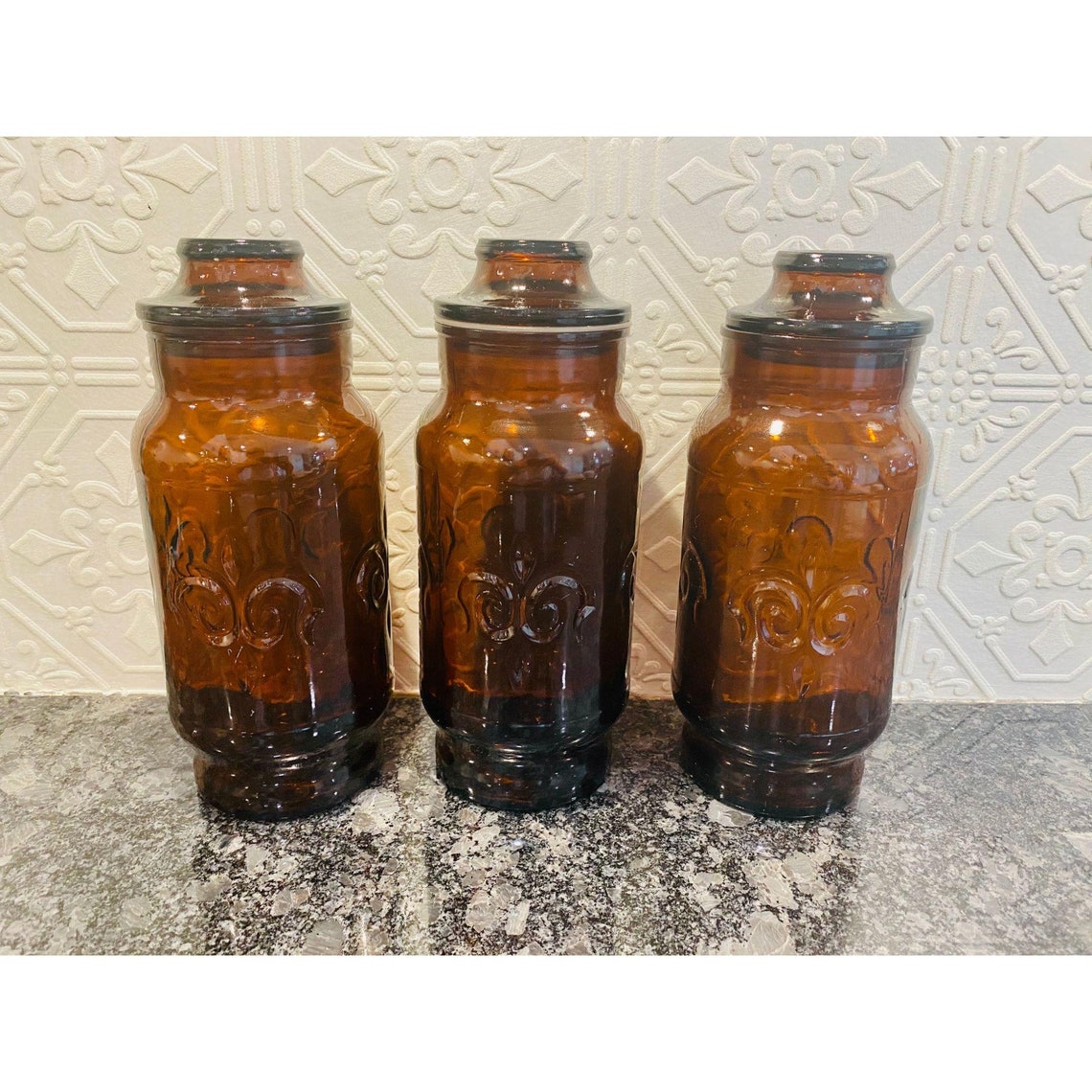 Amber Glass Apothecary Jar Set of 3 Borden Fleur De Lis Etsy