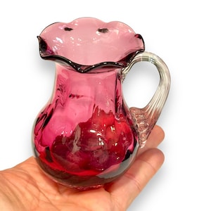 Pilgrim Hand Blown Cranberry Ruffled Pitcher / Bud Vase / Cranberry Glass Pitcher Bud Vase / Mini Cranberry Glass Vase / Vintage Glass Vase