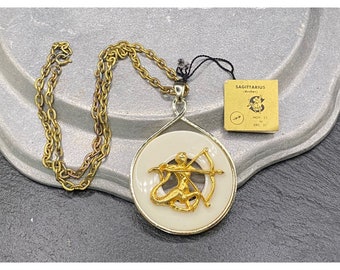 Vintage Zodiac Sagittarius Medallion Necklace Archer & Horoscope Tag 1970's