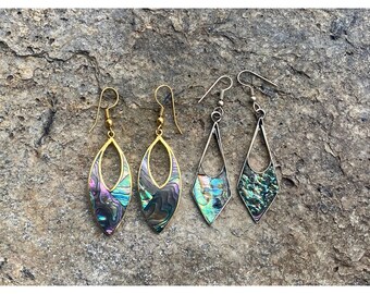Vintage Abalone Dangle Earrings Set / Alpaca Mexican Earrings / Marbled Psychedelic Abstract / Oval Diamond Dangle