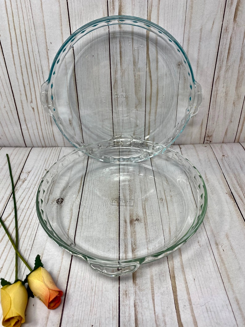 Pyrex Blue Tint Deep Dish Pie Plate Glass Fluted Edge Handles 9.5\u201d Aqua Blue Tint #229 Crimped Edge Large Handles Pie Baking Set #229