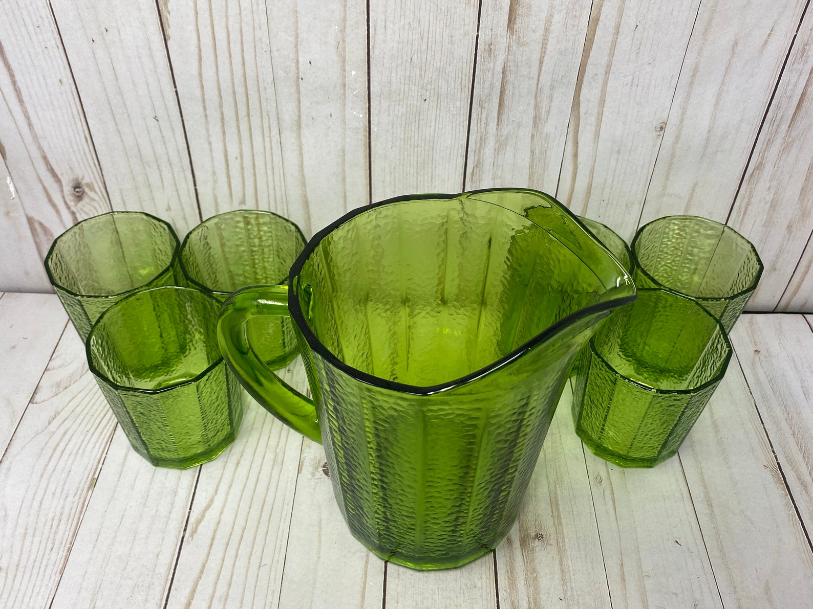 Vintage Glass Water Pitcher and Tumbler Cup Set Avocado Etsy