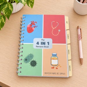 May include: A spiral-bound revision book titled The 4 IN 1 Revision Book, featuring a four-quadrant cover design with illustrations of a human heart, a stethoscope, bacteria, and a pill bottle. The cover includes the text CREATED BY NURSE BEC SUPPLIES.
