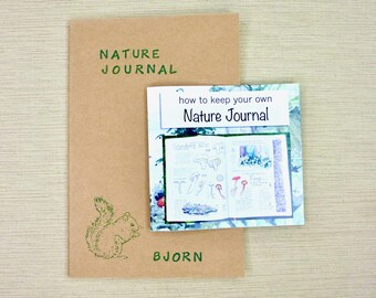 Nature Journal and Activity Book: Personalized blank kraft journal with choice of frog, mushroom, bird or squirrel. Booklet of prompts