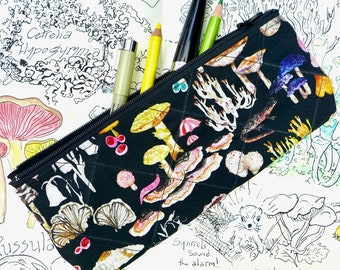 Mushroom Pencil Pouch: Black Toadstool fabric zipper pencil bag for art supplies, quilted with canvas interior