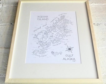Kim McNett pen and ink framed original: Kodiak Island Map