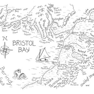 Mappa della baia di Bristol: stampe di mappe disegnate a mano dall'artista dell'Alaska Kim McNett