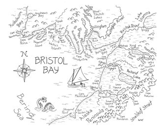 Bristol Bay Map: Hand-drawn map prints by Alaskan artist Kim McNett