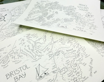 Alaska Map Set:  Hand-drawn map prints by Alaskan artist Kim McNett of Kodiak Island, Prince William Sound, Bristol Bay and Kenai Peninsula