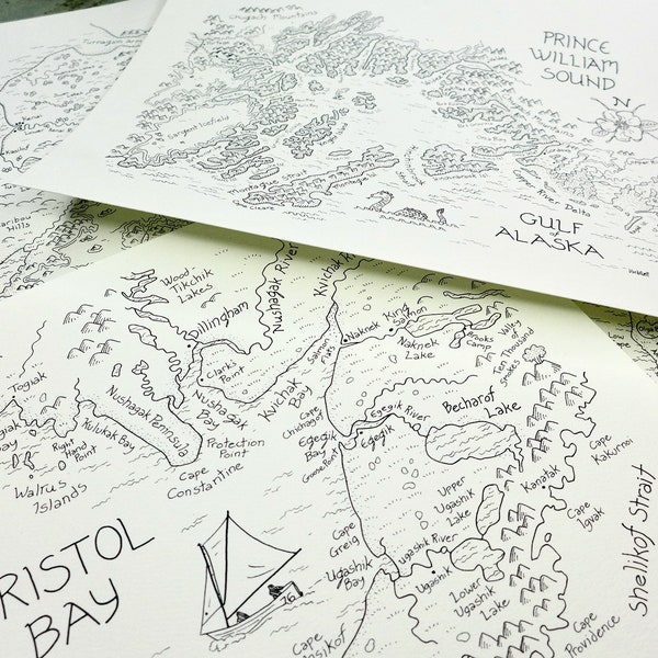 Alaska Map Set:  Hand-drawn map prints by Alaskan artist Kim McNett of Kodiak Island, Prince William Sound, Bristol Bay and Kenai Peninsula