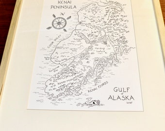 Kim McNett pen and ink framed original: Kenai Peninsula Map