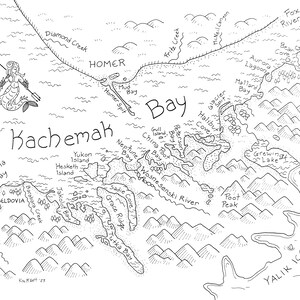 Carte de la baie de Kachemak : impression de carte dessinée à la main par l'artiste alaskienne Kim McNett