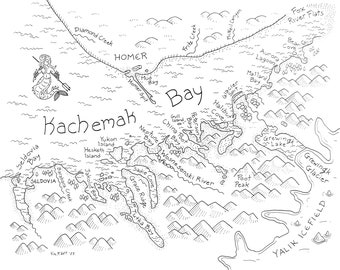 Kachemak Bay Map: Hand-drawn map print by Alaskan artist Kim McNett