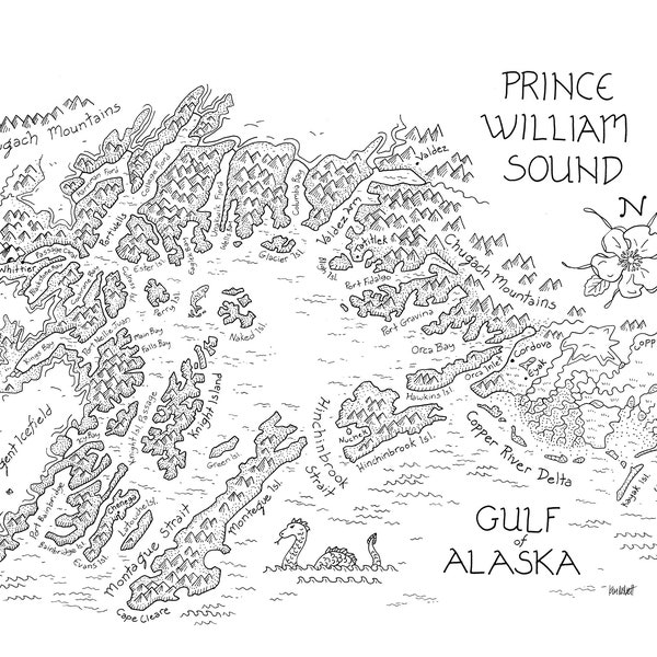 Prince William Sound Map: Hand-drawn print of original artwork by Alaskan artist Kim McNett