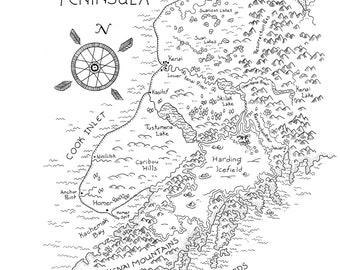 Kenai Peninsula Map: Hand-drawn map print by Alaskan artist Kim McNett