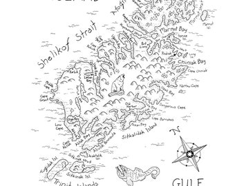 Kodiak Island Map: Hand-drawn map print by Alaskan artist Kim McNett