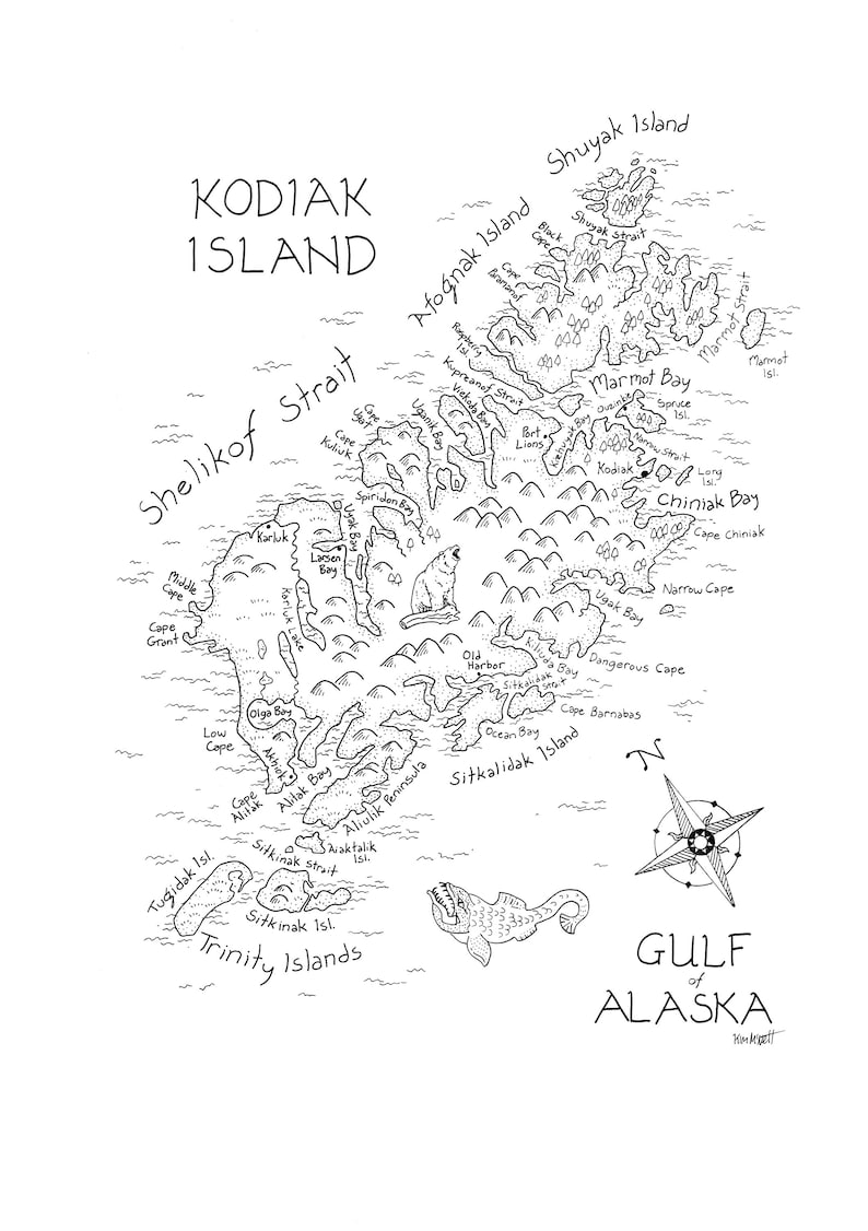 Kodiak Island Map Handdrawn Map Print by Alaskan Artist Kim Etsy
