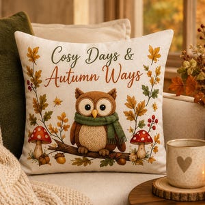 May include: A square throw cushion with a cream-coloured fabric cover featuring a brown owl wearing a green scarf, perched on a branch. The design includes red mushrooms, acorns, and autumn leaves, with the text Cosy Days & Autumn Ways printed.