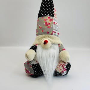 Mini Beige and Black Patchwork Sitting Gonk, Designed By Forever Gnomes UK, Nordic, Gnome, Swedish Tomte