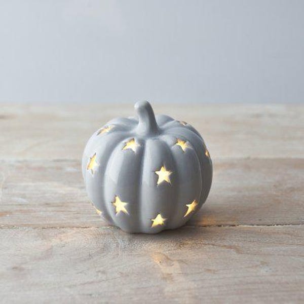 LED Ceramic Pumpkin with Star Cutouts, Grey 8cm