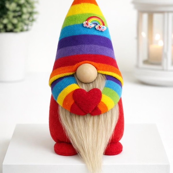 Handmade mini Rainbow Gnome with felt heart, Gonk, Nordic, Swedish Tomte