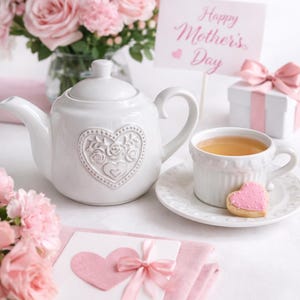 May include: A white teapot with a heart motif, a teacup with tea, and a heart-shaped biscuit on a saucer. Pink roses and a card reading "Happy Mother's Day" are also present.