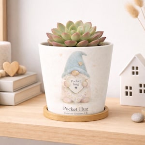 May include: A white ceramic plant pot with a succulent. The pot has a gnome design holding a heart with "Pocket Hug" text. A wooden coaster sits beneath. Other decor includes a small white house and a vase with dried flowers.