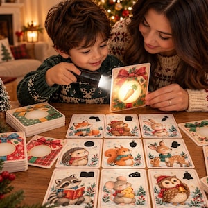 May include: A children's interactive Christmas-themed card game featuring illustrations of woodland animals like a fox, bear, rabbit, hedgehog, squirrel, deer, raccoon, mouse, and owl, with a flashlight used to reveal hidden images.