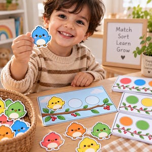 Puede incluir: Un juego educativo de emparejamiento para niños con recortes coloridos en forma de pájaro y tarjetas rectangulares con ramas y círculos ilustrados. El juego incluye un recorte de pájaro azul y un tablero con un cielo.