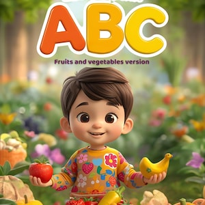 May include: A digital illustration titled LET'S LEARN ABC Fruits and vegetables version featuring a child with brown hair wearing a yellow floral shirt, holding a red apple and a yellow banana, sitting behind a basket filled with various produce.
