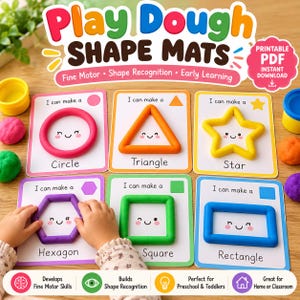 May include: A set of six printable play dough shape mats featuring a circle, triangle, star, hexagon, square, and rectangle. Each card displays a smiling shape outline with the text I can make a and the shape name. Includes colorful dough pieces.