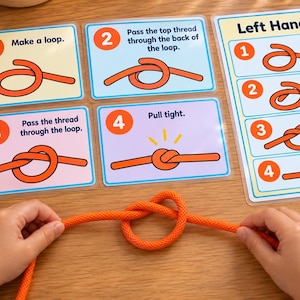 Puede incluir: Un conjunto educativo de tarjetas de instrucciones con ilustraciones de cuerda naranja y texto que explica cómo hacer un nudo, incluyendo los pasos del 1 al 4 y una guía Left Hand, acompañado de una cuerda naranja que se sostiene y manipula.