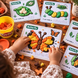 Könnte beinhalten: Ein Set aus pädagogischen Aktivitätskarten zum Lebenszyklus eines Schmetterlings, mit Karten für Ei, Raupe, Puppe und Schmetterling. Die Karten sind für die Verwendung mit bunter Knete konzipiert, die auf den Karten zu Formen geformt wird.