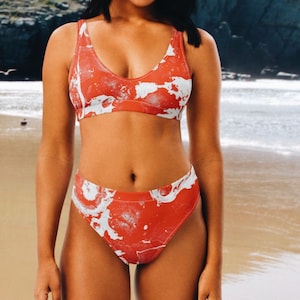 Red Tide High-Waisted Recycled Plastic Bikini Swimsuit Set, Eco-Friendly Swimwear, Sustainable Beachwear,  Wildlife Conservation