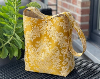 Vegan hobo bag in yellow and white jacquard fabric, zipped pocket,