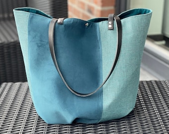 Large turquoise patchwork bucket bag, light, roomy, zippered pocket, real black leather handles!