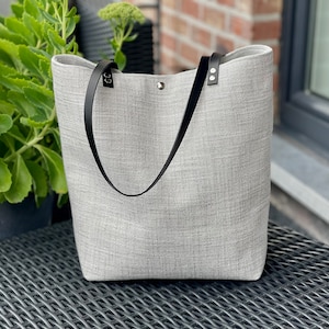 Pearl gray minimalist bag, fabric and leather bag, zipper pocket image 1