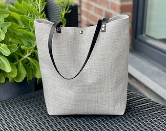 Pearl gray minimalist bag, fabric and leather bag, zipper pocket