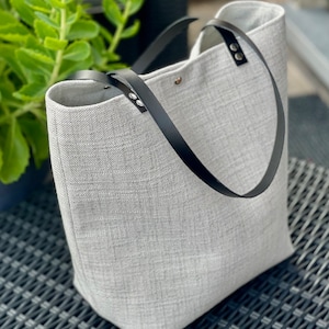 Pearl gray minimalist bag, fabric and leather bag, zipper pocket image 4