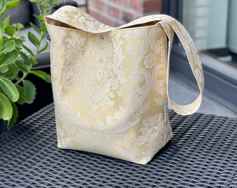 Vegan hobo bag, beige baroque damask fabric, zippered pocket!