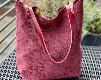 Tote bag in sheared velvet, upholstery, leather handles, multiple pockets!