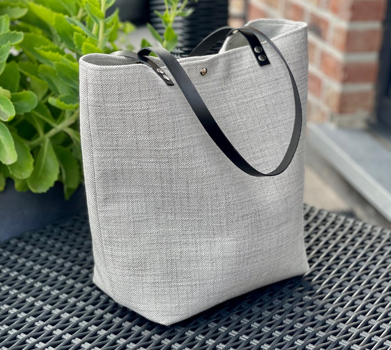 Pearl gray minimalist bag, fabric and leather bag, zipper pocket image 7