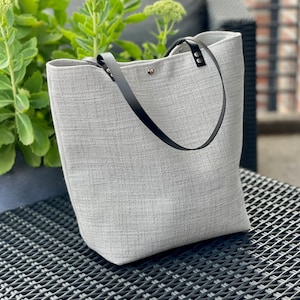 Pearl gray minimalist bag, fabric and leather bag, zipper pocket image 3