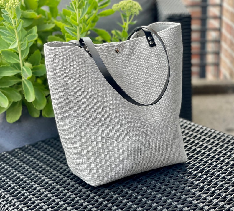 Pearl gray minimalist bag, fabric and leather bag, zipper pocket image 3