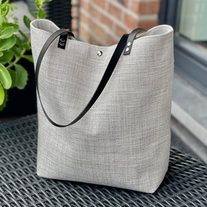 Pearl gray minimalist bag, fabric and leather bag, zipper pocket image 2