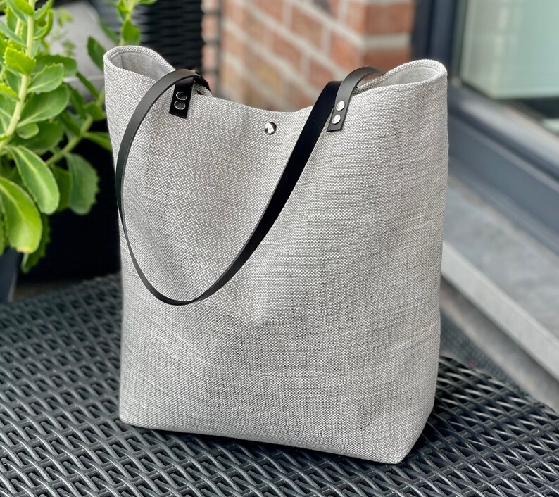 Pearl gray minimalist bag, fabric and leather bag, zipper pocket image 2